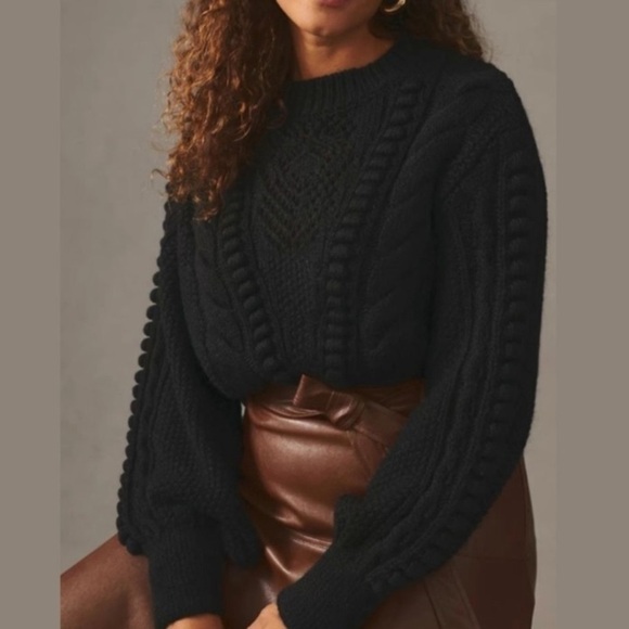 Anthropologie Cable Knit Sweater size s black chunky knit cropped balloon sleeve - Picture 1 of 10